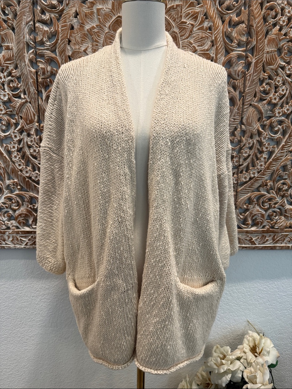 LOFT Cream Open-Front 3/4 Sleeves Cotton Knit Cozy Cardigan- size L - Picture 2 of 12